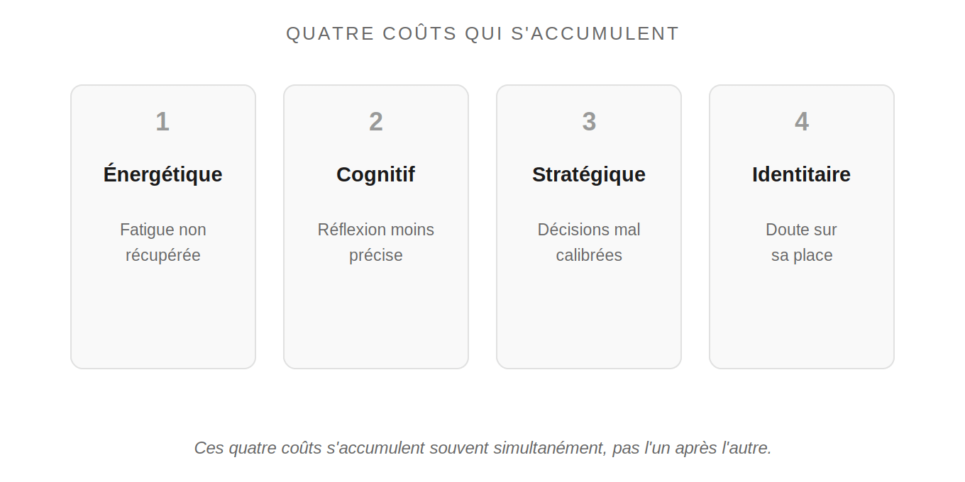 Schéma des quatre coûts invisibles : énergétique, cognitif, stratégique, identitaire