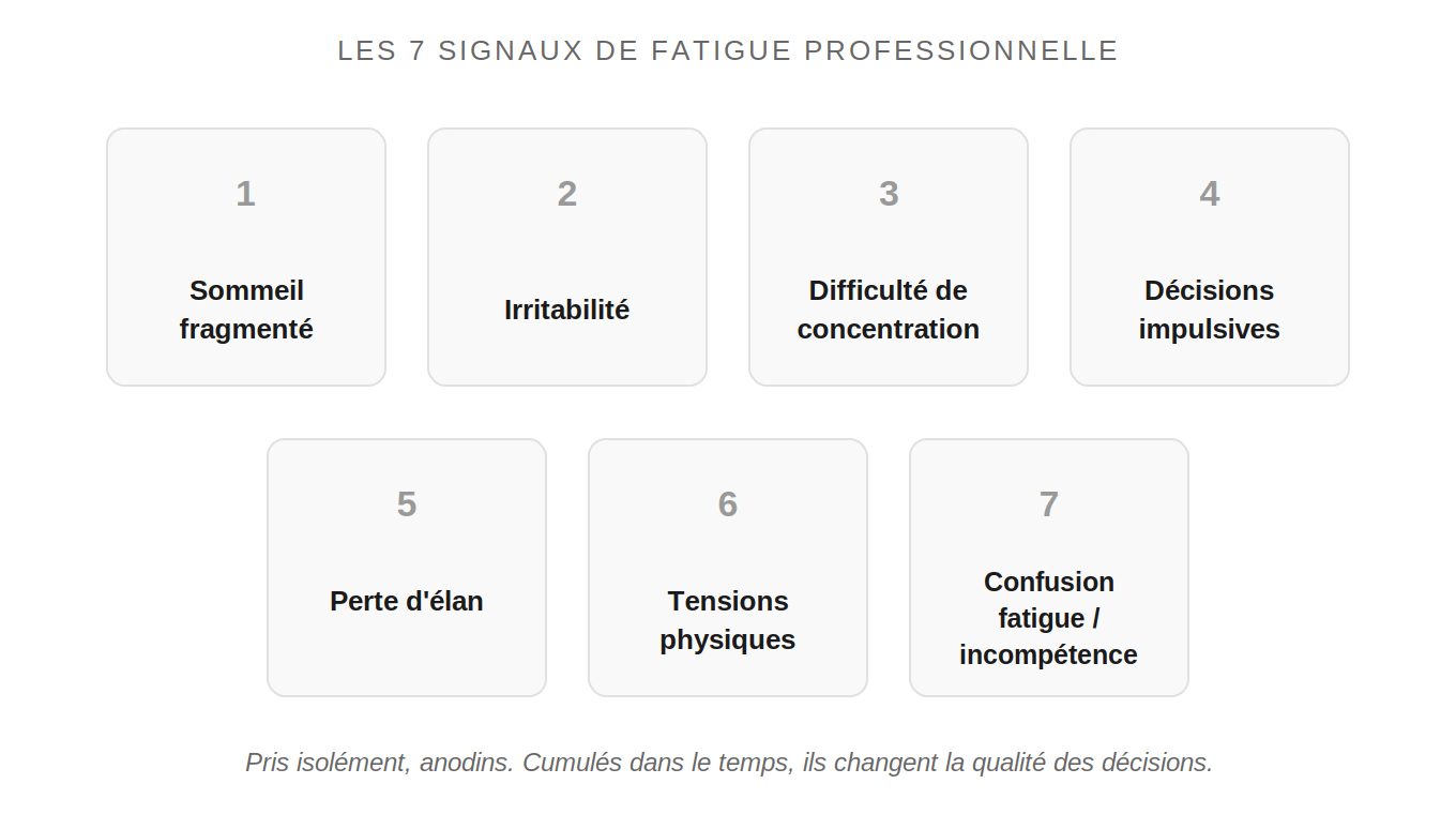 Schéma des 7 signaux de fatigue professionnelle chez les commerciaux expérimentés