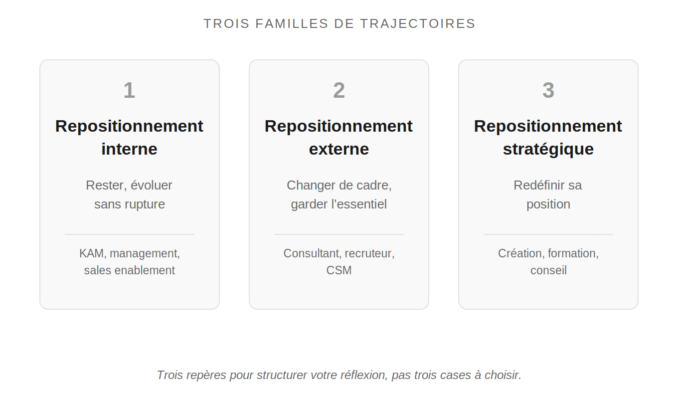 Schéma des trois familles de trajectoires : repositionnement interne, externe et stratégique